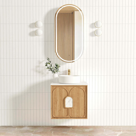 Laguna Natural American Oak Single Basin Vanity Vanity Otti Australia 600mm Quartz Stone Pure White-20mm Above Counter