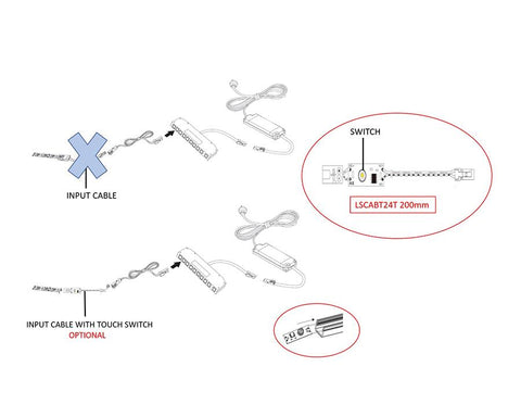 L&S LED 24V Input Cable with Touch Switch to suit 24V Flexible Strip Reel. Length: 200mm