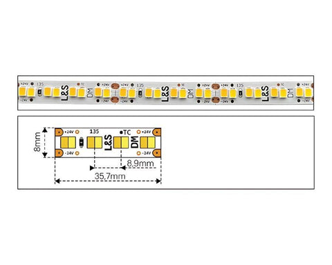 L&S LED 24V HE Flexible Strip Reel. Length: 20 metres. Colour: Warm White to Natural White (3000K - 4000K). 112+112 LED's per metre.