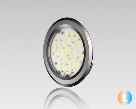 L&S LED 24V Nova Round Emotion Downlight. Colour: Warm White to Cool White (3000K - 6000K). Diameter: 75mm. Hole Size: 68mm. Chrome Look.