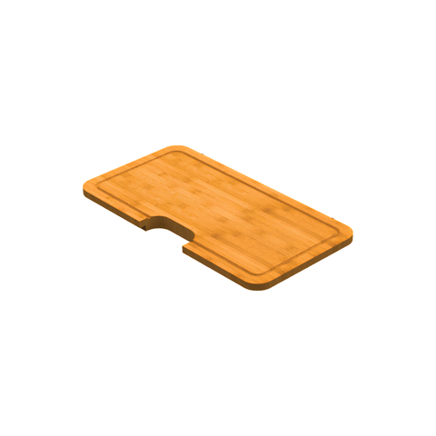 A rectangular bamboo cutting board with rounded corners and a curved notch on one side, shown at an angle on a plain white background.