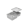 A stainless steel 4-compartment food pan with a matching lid, shown on a solid white background.