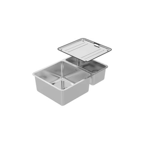 A stainless steel 4-compartment food pan with a matching lid, shown on a solid white background.