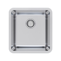 A square stainless steel kitchen sink with a brushed metal finish, featuring a single basin and a central drain, shown from a top-down perspective on a white background.