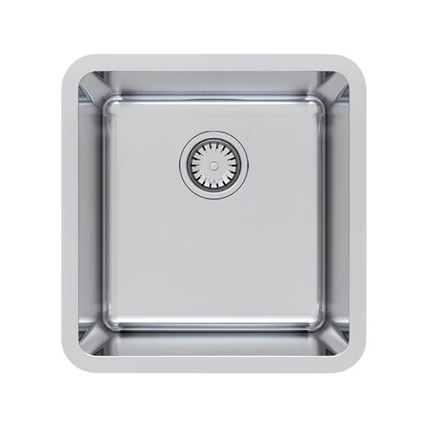A square stainless steel kitchen sink with a brushed metal finish, featuring a single basin and a central drain, shown from a top-down perspective on a white background.
