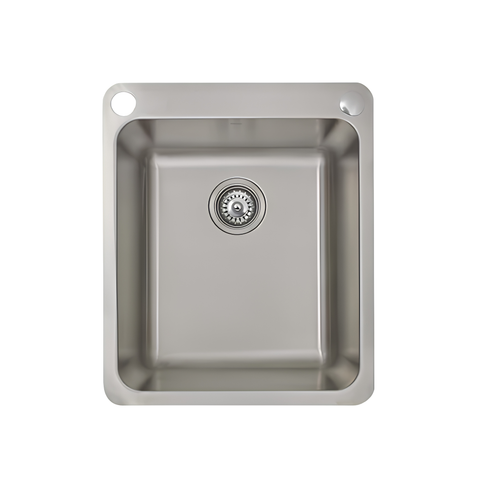A single-basin stainless steel kitchen sink with a square profile, a central drain, and two pre-drilled mounting holes in the top rim, shown against a plain white background.