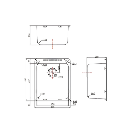 Technical line drawing showing multiple orthographic views of a rectangular product with rounded corners and a circular center detail, annotated with dimensions and radii on a white background.
