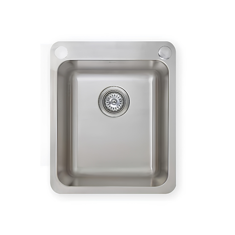 A single-basin stainless steel kitchen sink with a matching drain, shown from a top-down view on a white background.
