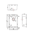 Technical dimension drawing of a square electronic module or faceplate, showing front, side, and top-down views with measurements and radii on a white background.