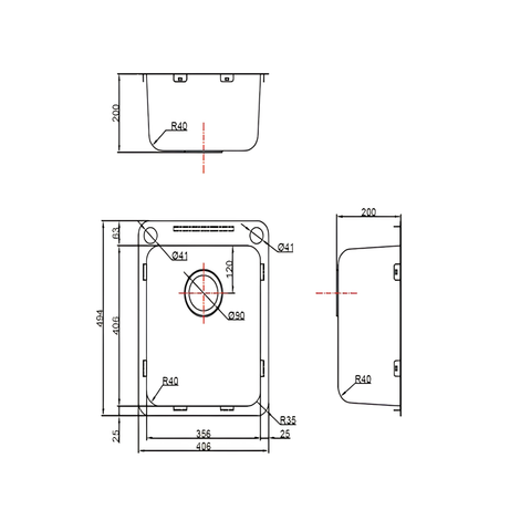 Technical dimension drawing of a square electronic module or faceplate, showing front, side, and top-down views with measurements and radii on a white background.