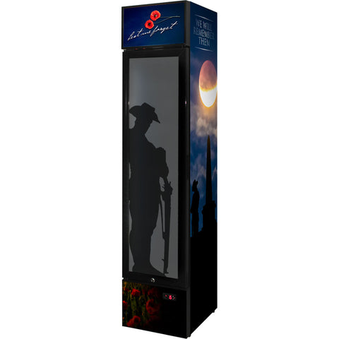 Skinny Upright Bar Fridge With Lest We Forget Design - Model SS-P160FA-LWF2