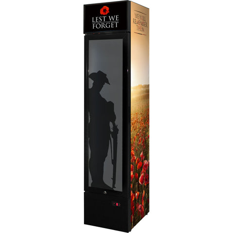 Skinny Upright Bar Fridge With Lest We Forget Design - Model SS-P160FA-LWF