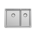 A top-down view of a double-basin stainless steel kitchen sink with two square basins and round drain openings, isolated on a white background.