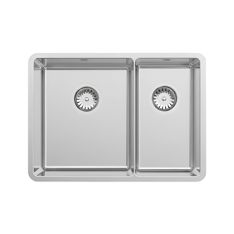 A top-down view of a double-basin stainless steel kitchen sink with two square basins and round drain openings, isolated on a white background.