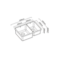 Black and white line drawing of a double basin kitchen sink with dimension labels and measurements.
