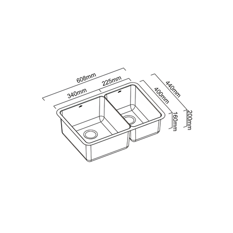 Black and white line drawing of a double basin kitchen sink with dimension labels and measurements.