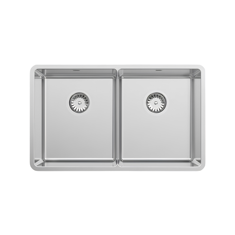 A top-down view of a double-basin stainless steel kitchen sink with two separate basins and circular drain openings, shown on a plain white background.