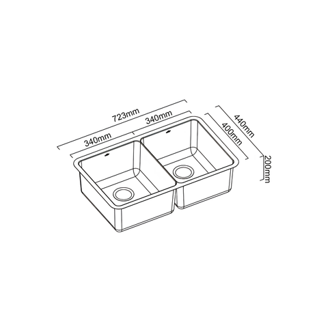 Black and white line drawing of a double basin kitchen sink with dimension annotations showing 723mm length, 340mm and 400mm basin widths, and 200mm depth.