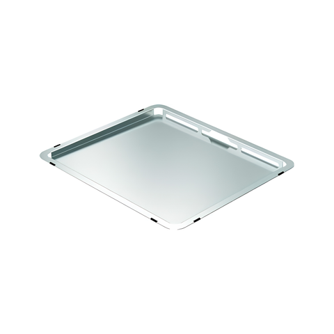 A square stainless steel baking pan with raised rim and small corner tabs, shown at an angle on a plain white background.