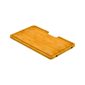 A rectangular bamboo cutting board with rounded corners and a built-in notch on the right side, shown at an angle on a plain white background.