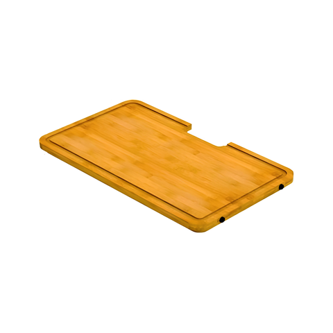 A rectangular bamboo cutting board with rounded corners and a built-in notch on the right side, shown at an angle on a plain white background.