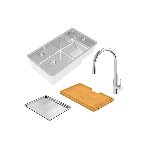 A kitchen sink set on a white background, including a stainless steel double-bowl sink, a curved chrome faucet, a wooden cutting board, and a matching stainless steel drain tray.