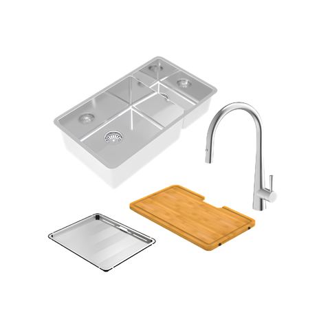A stainless steel kitchen sink set with a four-compartment basin, a curved gooseneck faucet, a rectangular drain cover, and a wooden cutting board, shown on a plain white background.