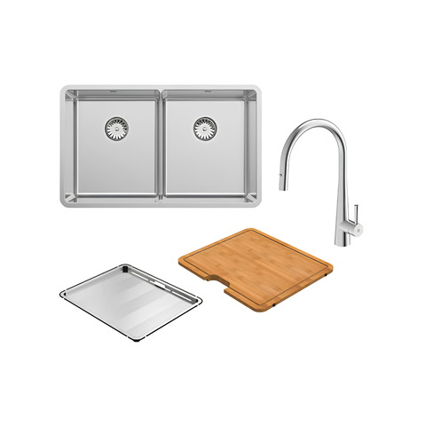 A kitchen sink set on a white background, including a double-basin stainless steel sink, a curved chrome faucet, a wooden cutting board, and a stainless steel drain basket.