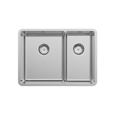 A top-down view of a stainless steel double basin kitchen sink with two circular drain grates, isolated on a white background.