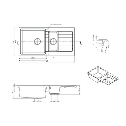 M-GS404B – Ria One & Quarter Bowl With Drainer – Granite Sink sketch