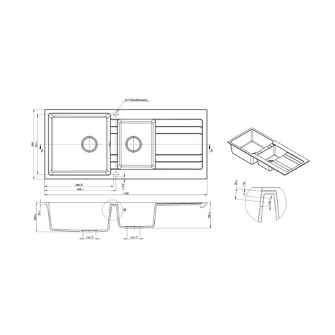 M-GS408B – Ria One & Half Bowl With Drainer – Granite Sink sketch