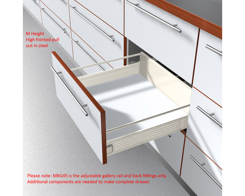 Blum METABOX Longside Gallery Rail In Cream. Size: 450mm. Includes: 2 Gallery Rods And 2 Gallery Back Fixings ZRE.421S.ID
