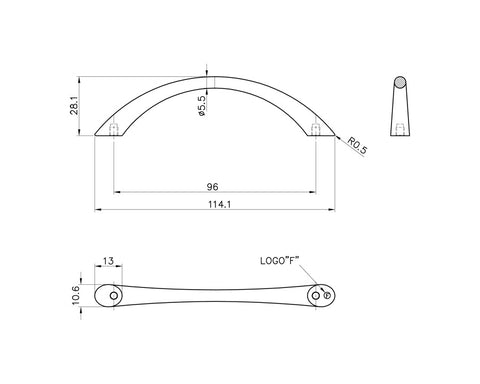 Tapered Bow Handle in Black Nickel. Hole Centres: 96mm. Length: 113mm Height: 28mm