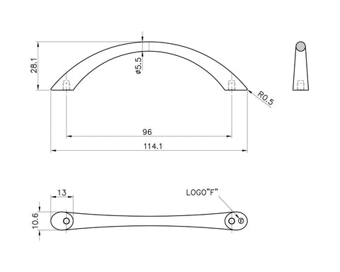 Tapered Bow Handle in Black Nickel. Hole Centres: 96mm. Length: 113mm Height: 28mm