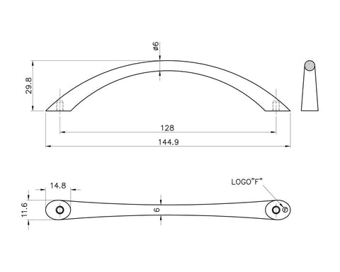 Tapered Bow Handle in Chrome. Hole Centres: 128mm. Length: 144.9mm Height: 22mm