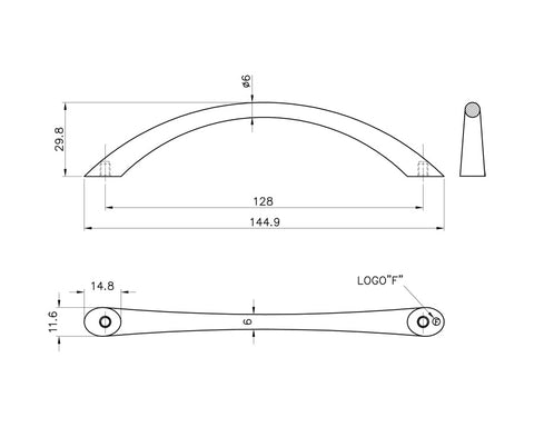 Tapered Bow Handle in Black Nickel. Hole Centres: 128mm. Length: 160mm. Height: 26mm