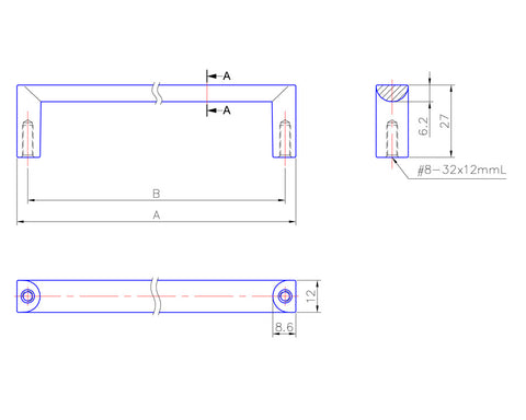 Flat D Handle in Stainless Steel Look. Size: 232mm x 12mm Height: 27mm Width: 12mm. Hole Centres: 224mm