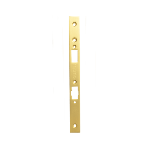 Momo mortice lock forend plate in a polished brass finish, designed for Euro Cylinder locks by KitchenLibrary.