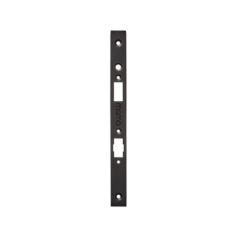 Momo mortice lock forend plate designed for Euro Cylinder locks with a sleek black finish.