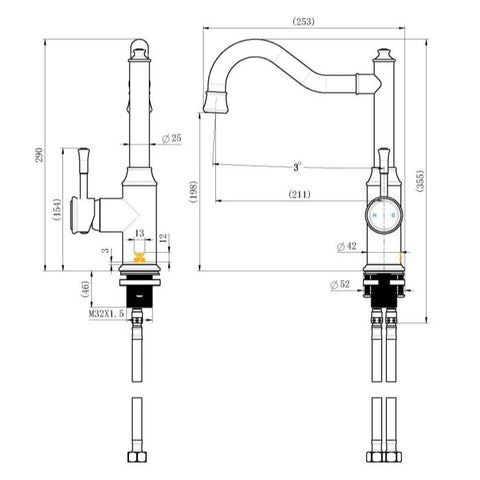 MON004-1BN – Montpellier Shepherd’s Crook Kitchen Mixer – Brushed Nickel sketch