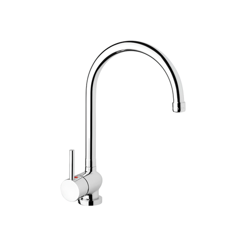 A modern high-arc chrome kitchen faucet with a single lever handle on a solid white background.
