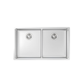 A top-down view of a double-basin stainless steel farmhouse sink with a rectangular apron front and round drain strainers in each basin, isolated on a white background.