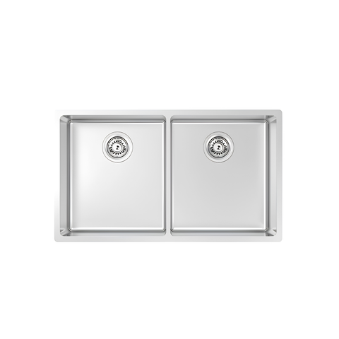 A top-down view of a double-basin stainless steel farmhouse sink with a rectangular apron front and round drain strainers in each basin, isolated on a white background.