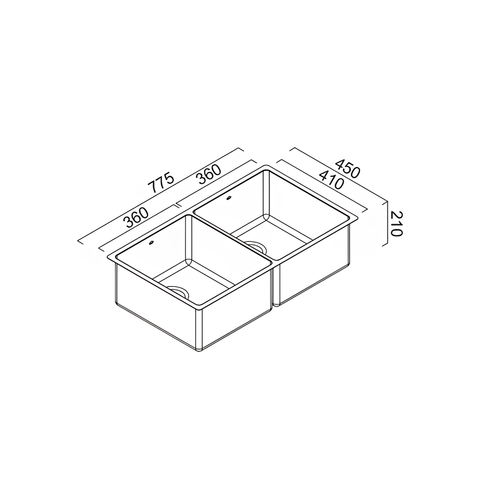 Technical line drawing of a two-basin kitchen sink with dimension labels and measurement lines on a white background.