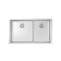 A top-down view of a double-basin stainless steel sink with two square basins and circular drain covers, isolated on a white background.
