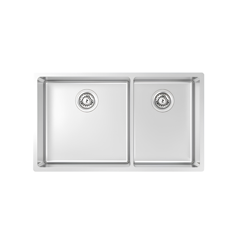 A top-down view of a double-basin stainless steel sink with two square basins and circular drain covers, isolated on a white background.