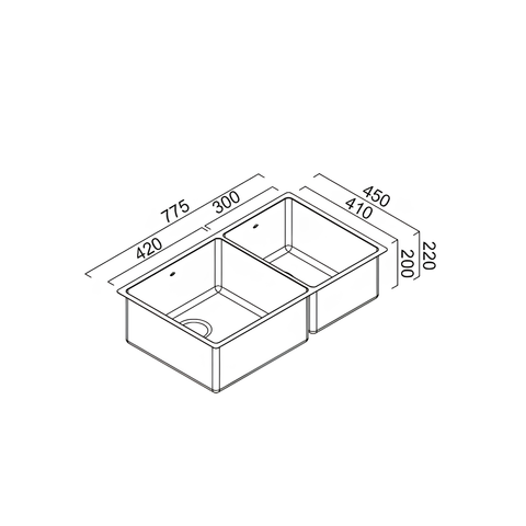 Technical line drawing of a double-basin kitchen sink with dimension labels and measurements on a white background.