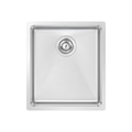 A square stainless steel undermount sink with a brushed finish and a central drain, shown from a top-down perspective on a solid white background.