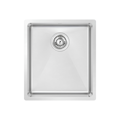 A square stainless steel undermount sink with a brushed finish and a central drain, shown from a top-down perspective on a solid white background.