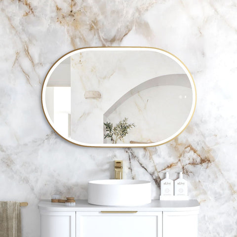 NOOSA LED Oval Metal Frame Mirror 900x600mm Brushed Gold